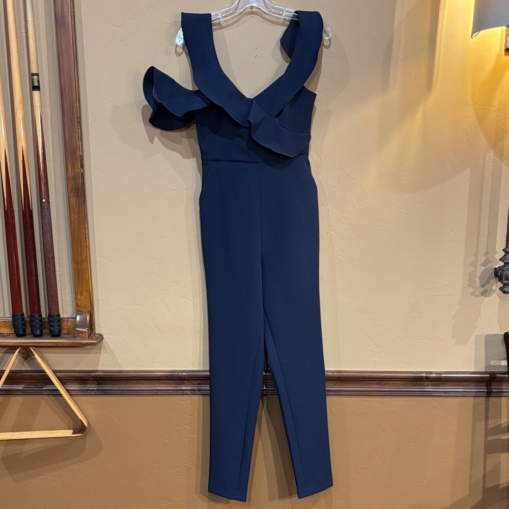 BCBGMAXAZRIA Deep Blue Ruffled Jumpsuit